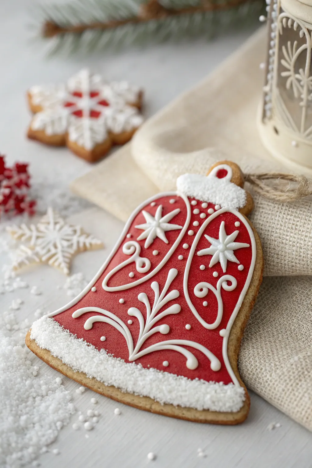 Embrace the elegance of a winter wonderland with classic red and white bell cookies.