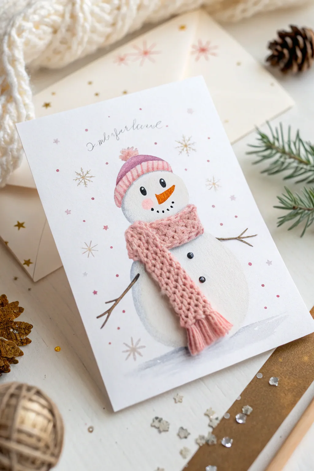 Capture the essence of friendship with a snowman card that sparkles with love and minimalist charm.
