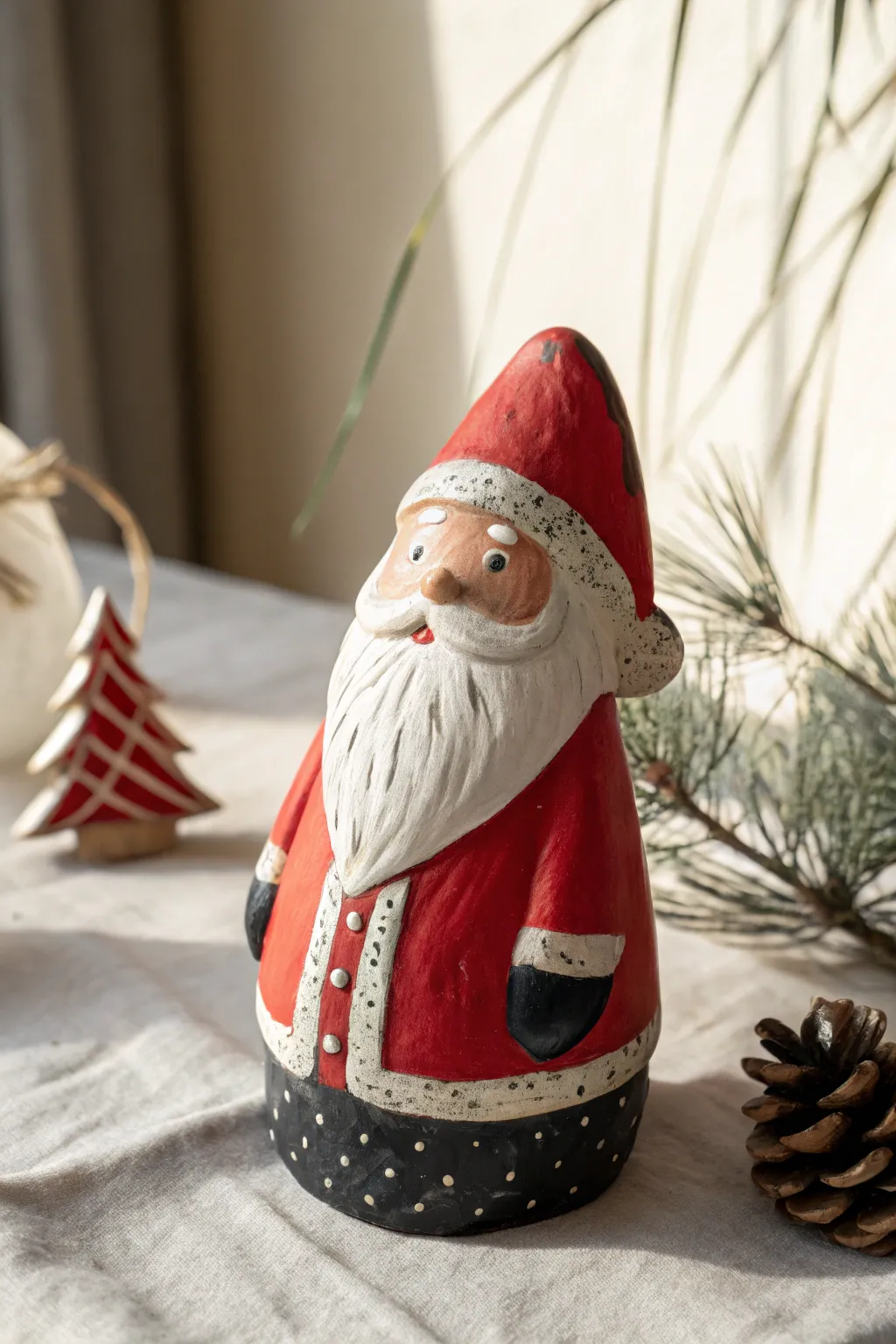 Capture the joy of Christmas with this charming handcrafted clay Santa Claus, perfect for adding a touch of festive elegance to your decor.