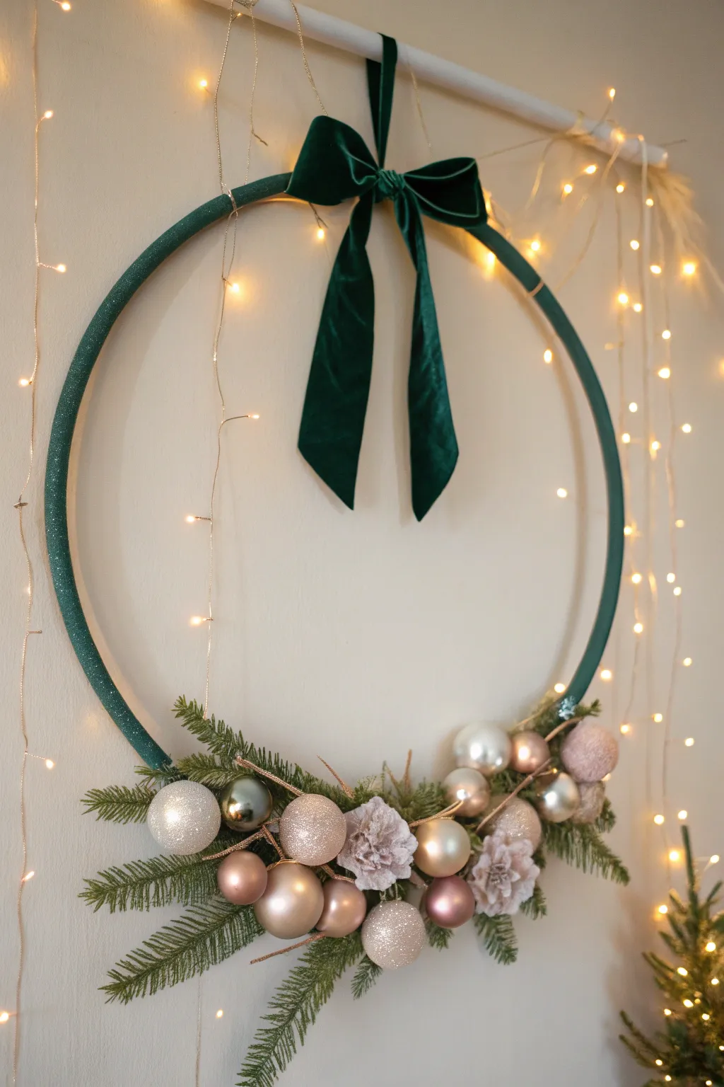Elevate your holiday decor with a stunning hula hoop wreath that blends minimalist elegance with boho charm.