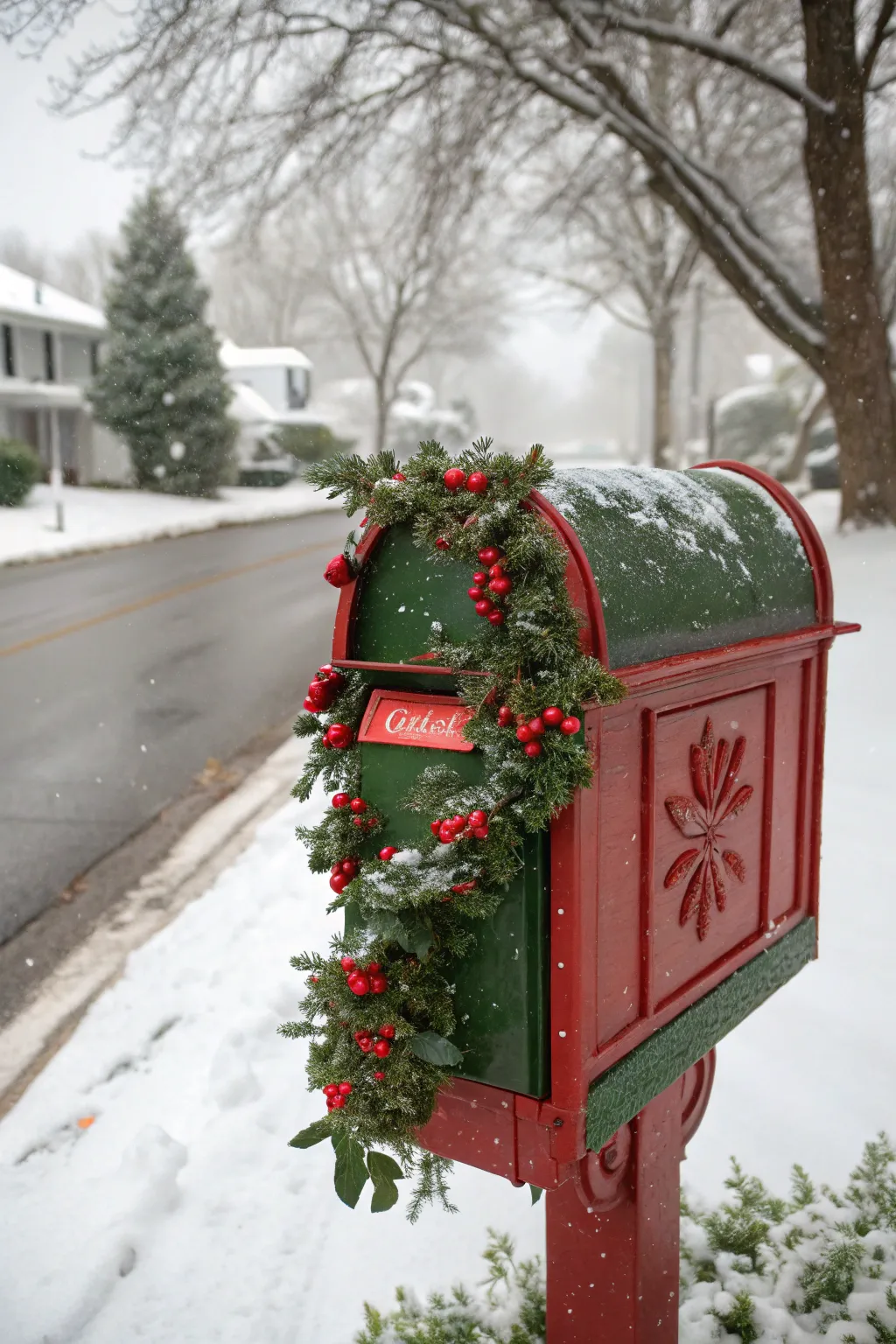 A classic red and green mailbox cover adds timeless elegance to your curb.