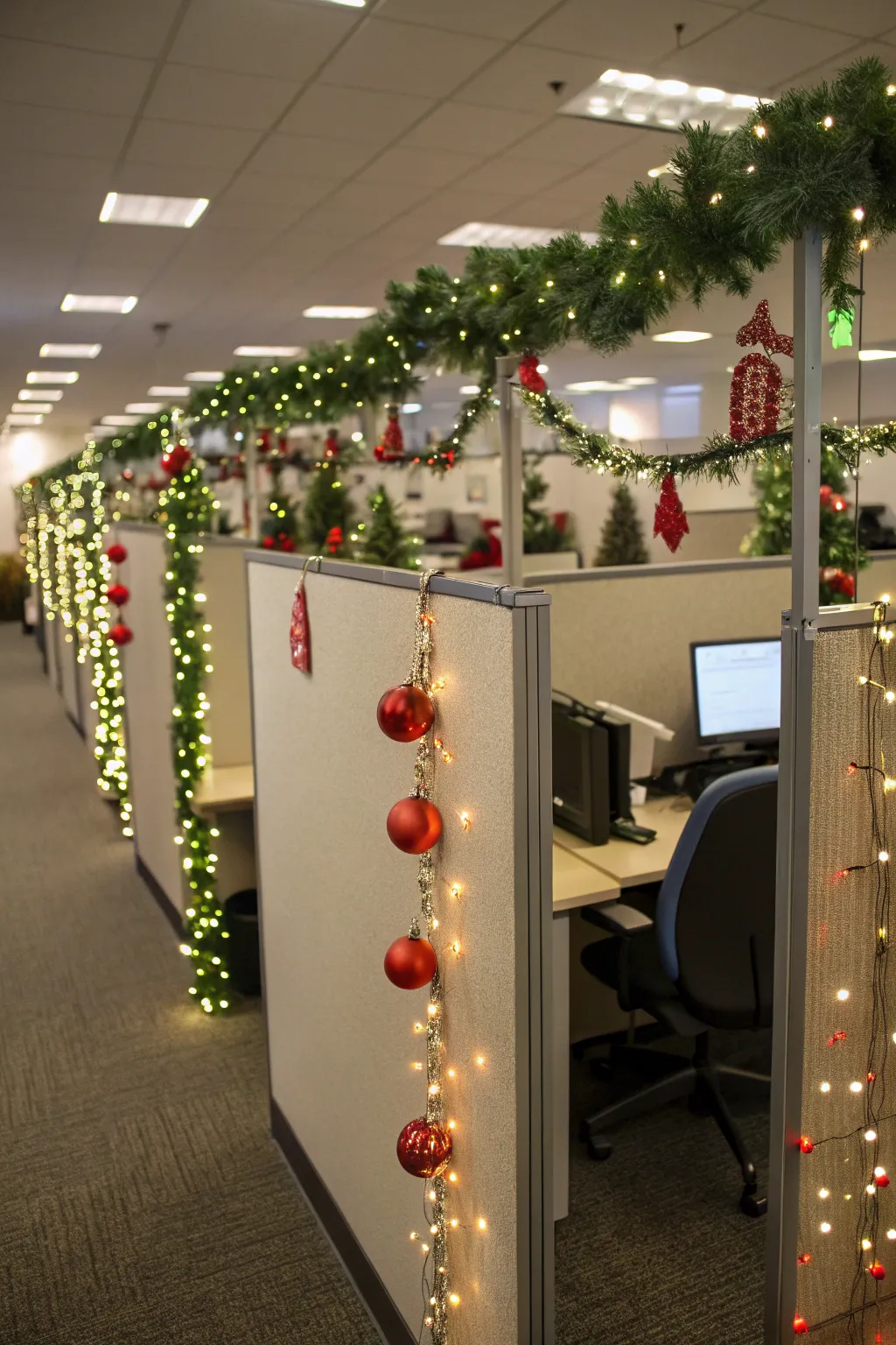 Brighten up your cubicle with festive garlands and lights.