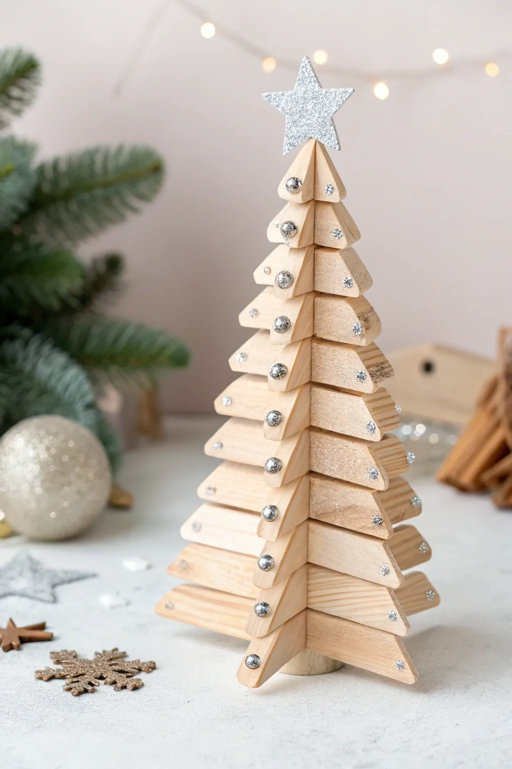 Crafting elegance with popsicle sticks: A minimalist Christmas tree with a touch of sparkle.