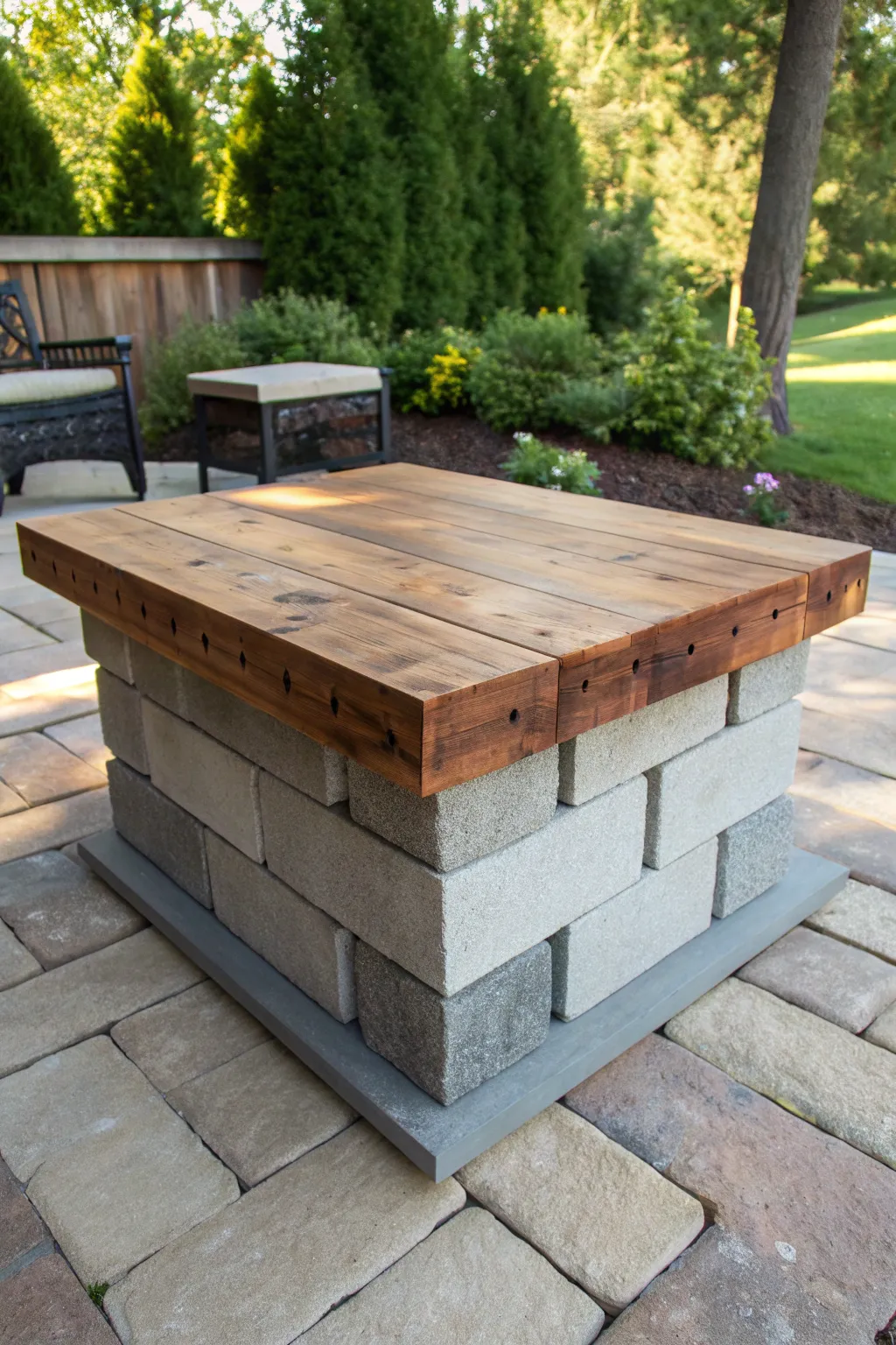 Transform your patio with this rustic cinder block coffee table—where craftsmanship meets comfort.