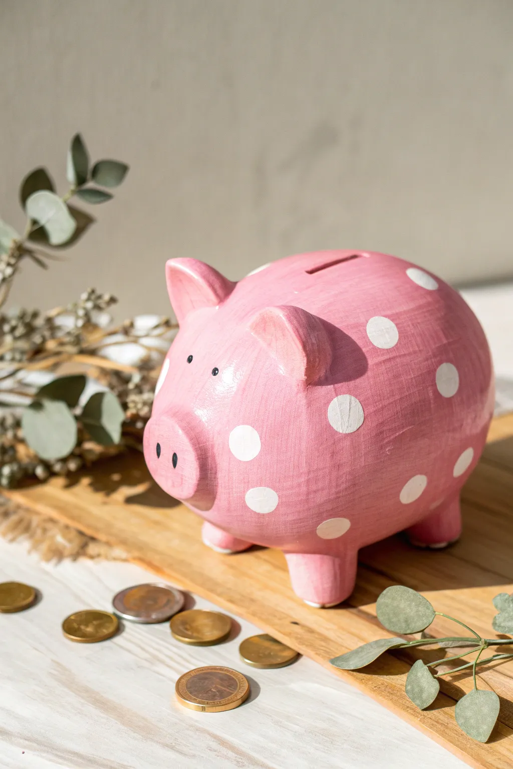 Elevate your savings with a charmingly crafted classic piggy bank in bright pink and playful spots.