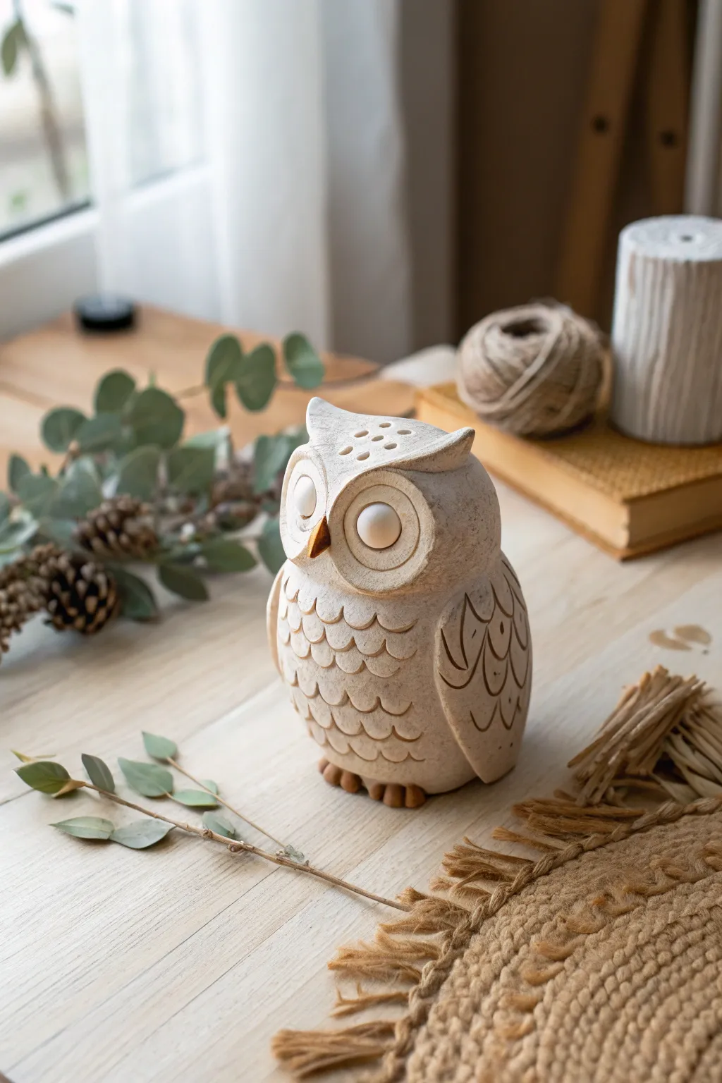Add a whimsical charm to your space with this handcrafted clay owl figure, perfect for a touch of natural beauty.