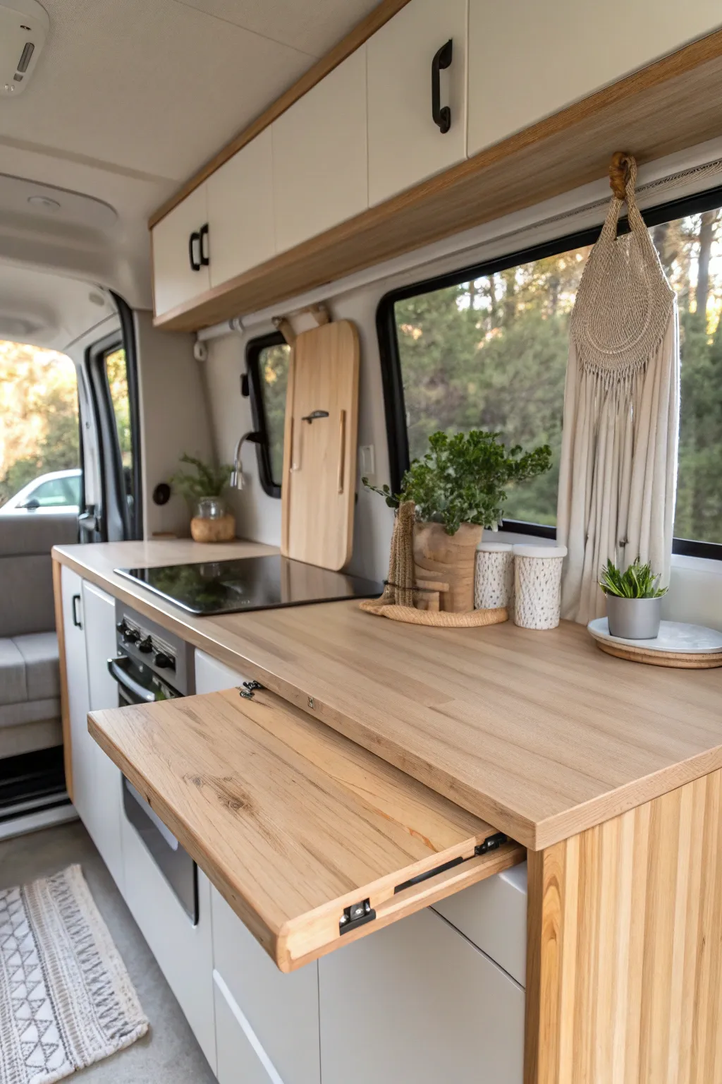 Maximize your campervan space with elegant foldable countertops for the perfect blend of style and functionality.