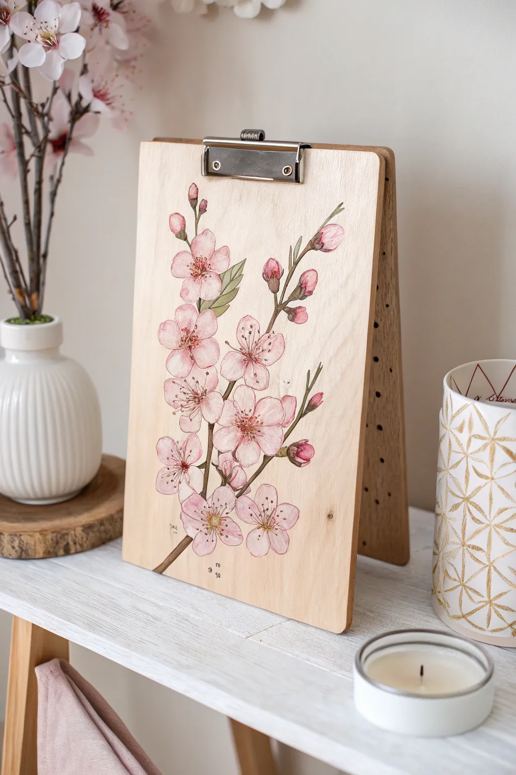 Transform your workspace into a blooming oasis with hand-painted cherry blossoms on a clipboard, a perfect blend of simplicity and natural beauty.