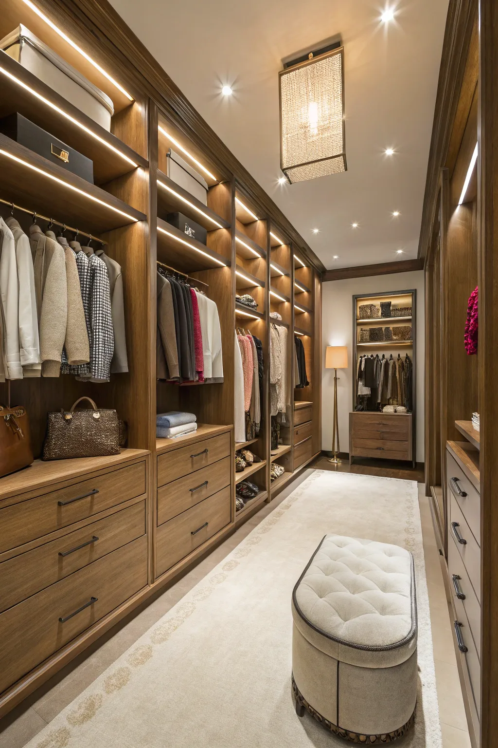 A spacious walk-in closet organized like a boutique.