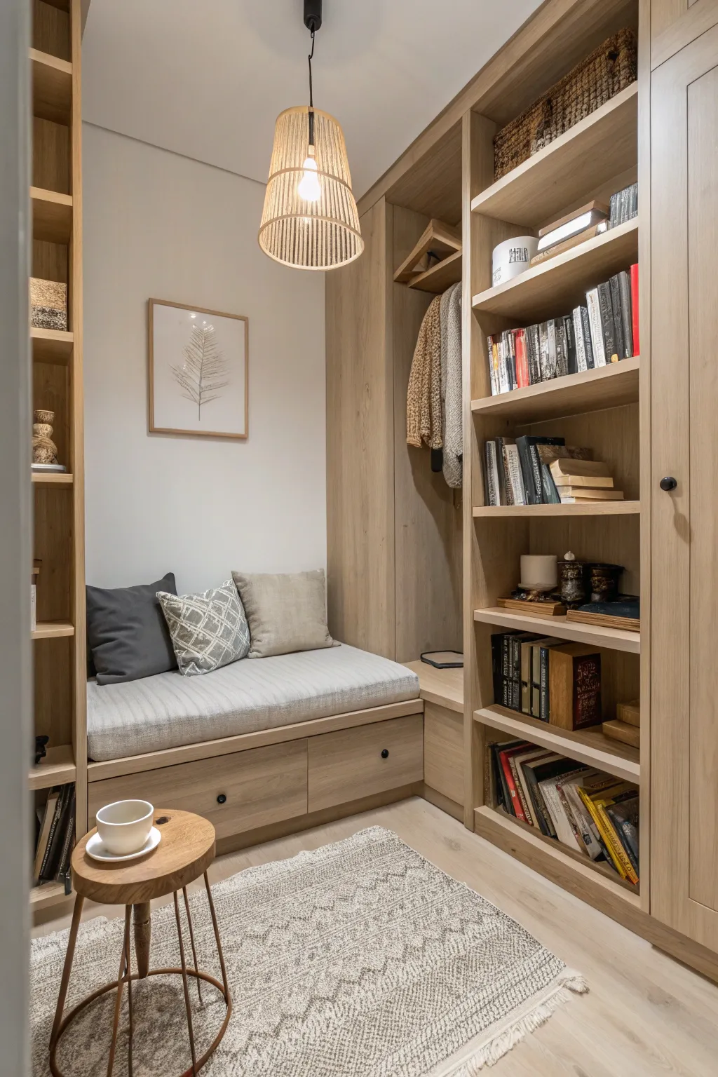 Transform your closet into a serene reading escape with minimalist charm and boho warmth.
