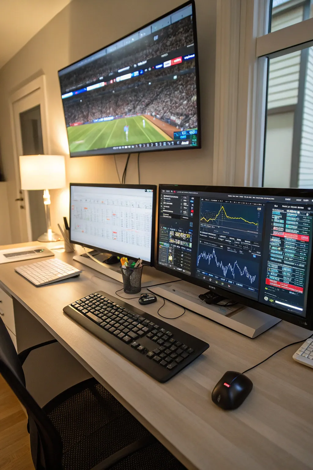 Dual monitors enhance productivity in a coach's office.