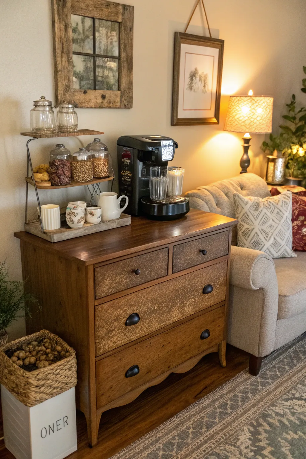A vintage dresser adds character and functionality to your coffee setup.