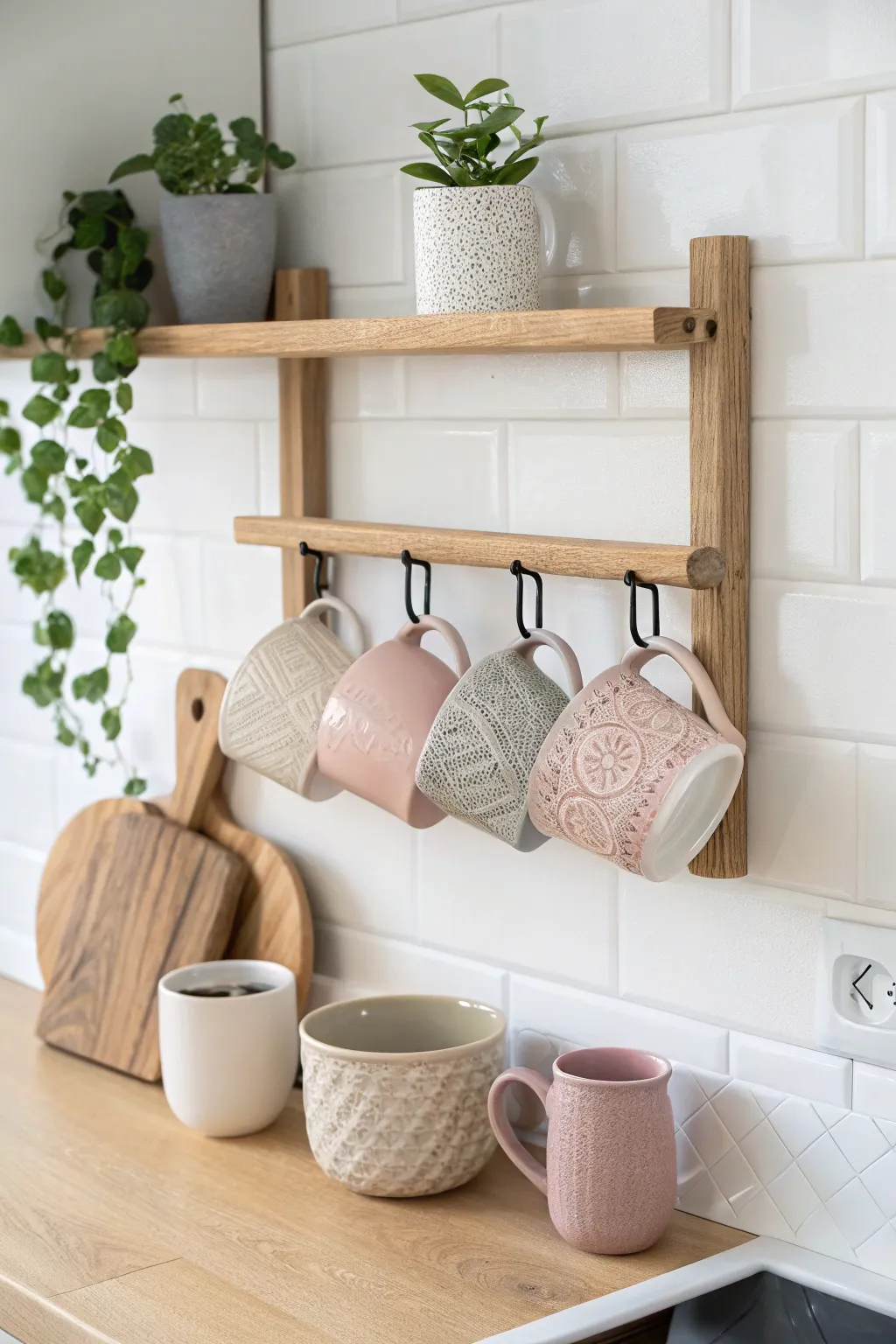 Elevate your kitchen decor with chic wall-mounted mug racks—practicality meets artful display.