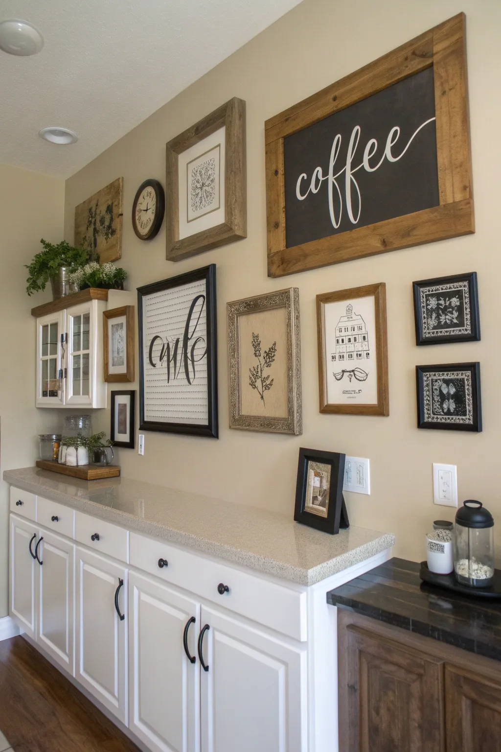 A kitchen wall adorned with elegantly framed coffee quotes.