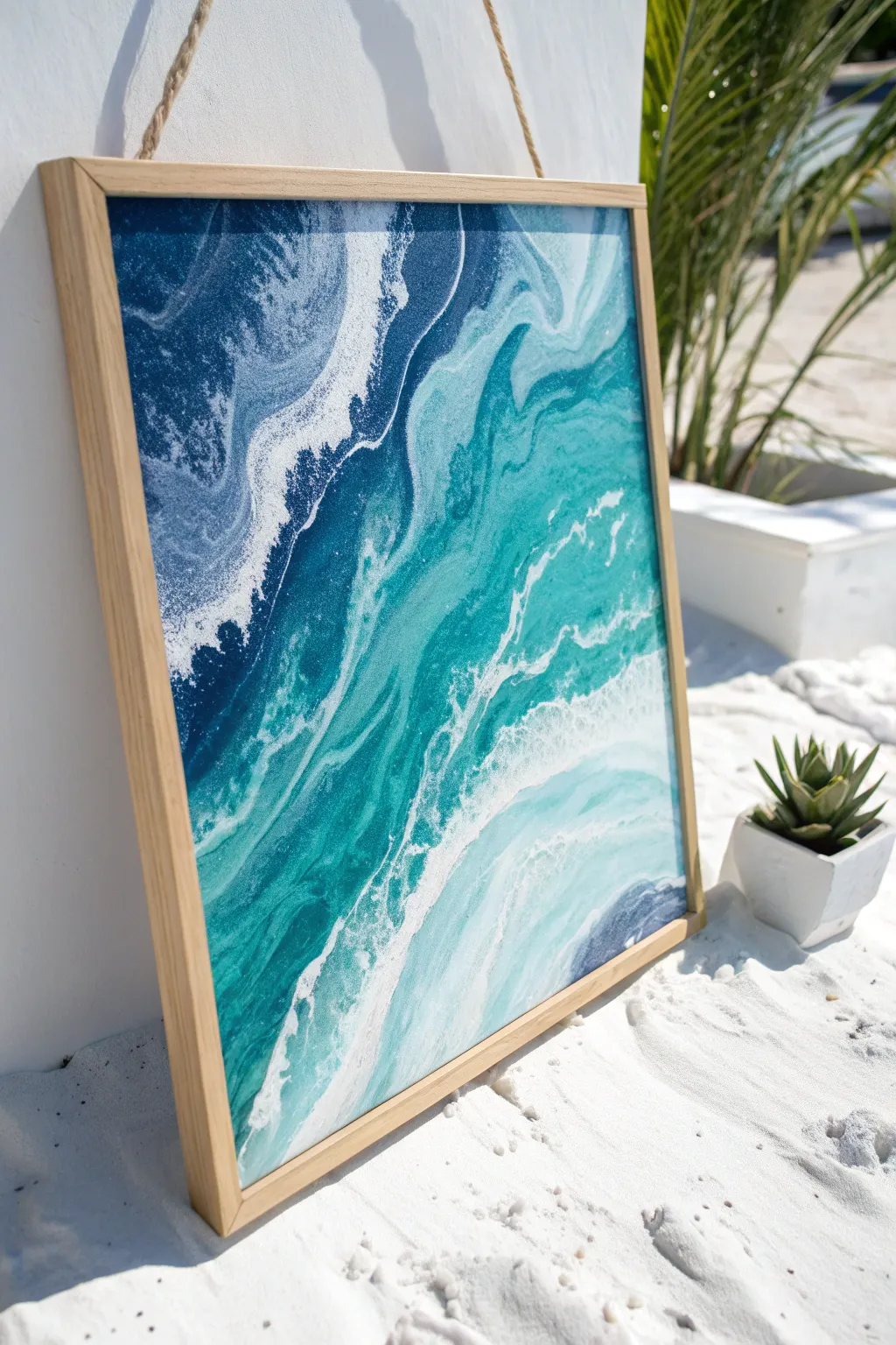 Embrace the calming hues of the ocean with this minimalist pour painting masterpiece.