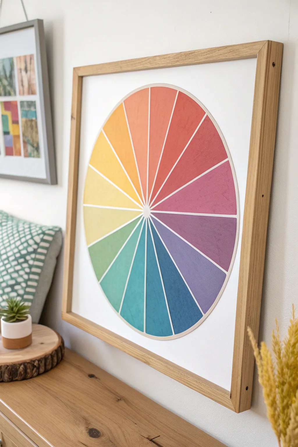 Elevate your space with a minimalist color wheel masterpiece that perfectly blends Scandinavian elegance with a boho flair.