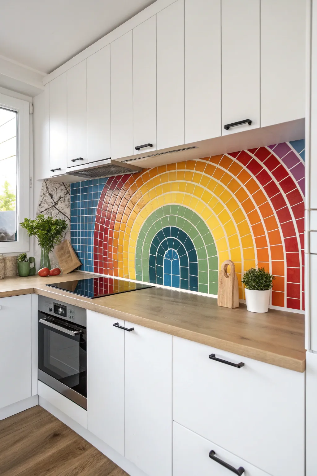 Bring the beauty of a rainbow into your kitchen with this stunning multicolored mosaic backsplash.