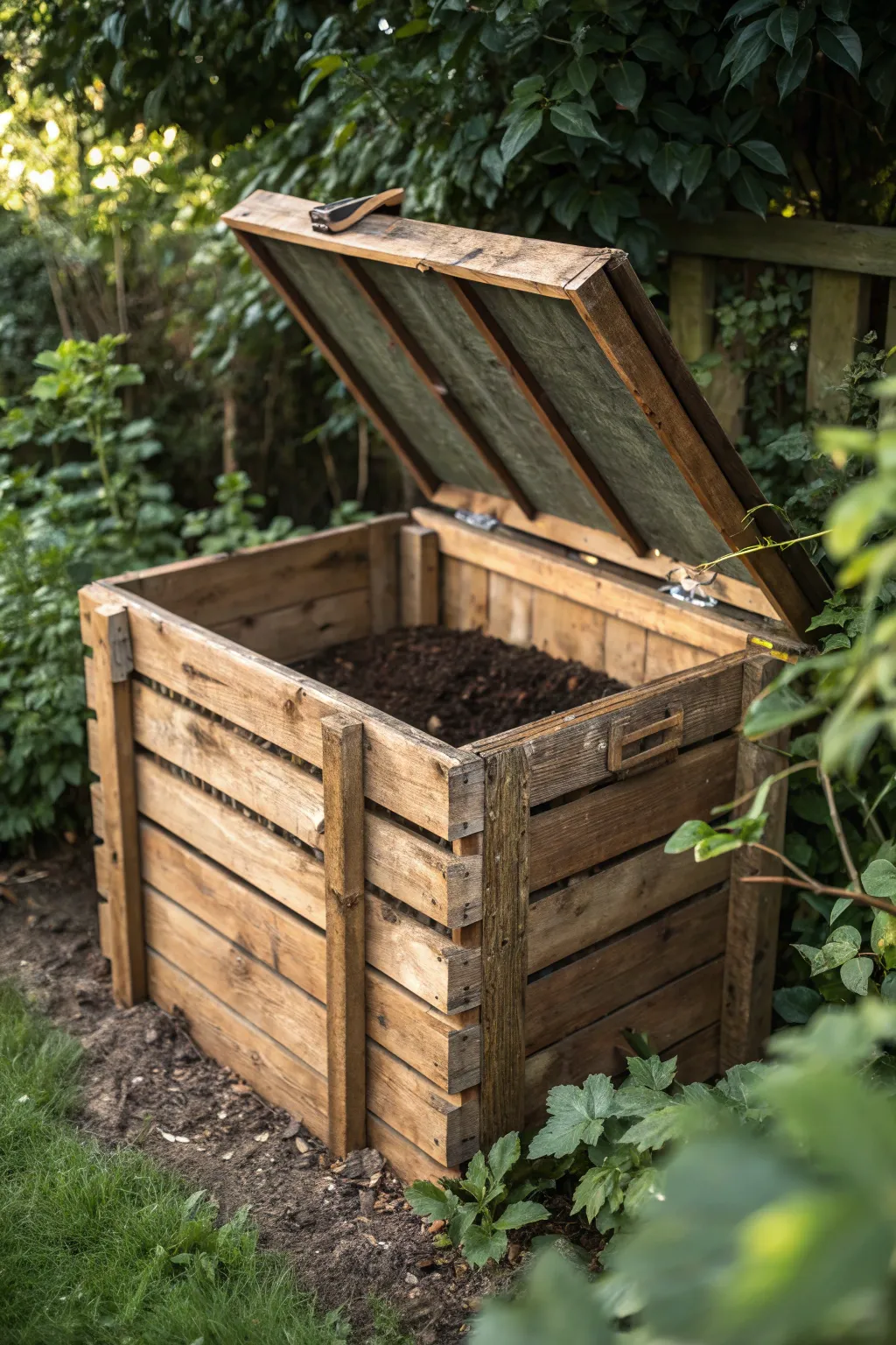 Embrace the timeless charm of a handcrafted wooden compost bin, where craftsmanship meets sustainability.