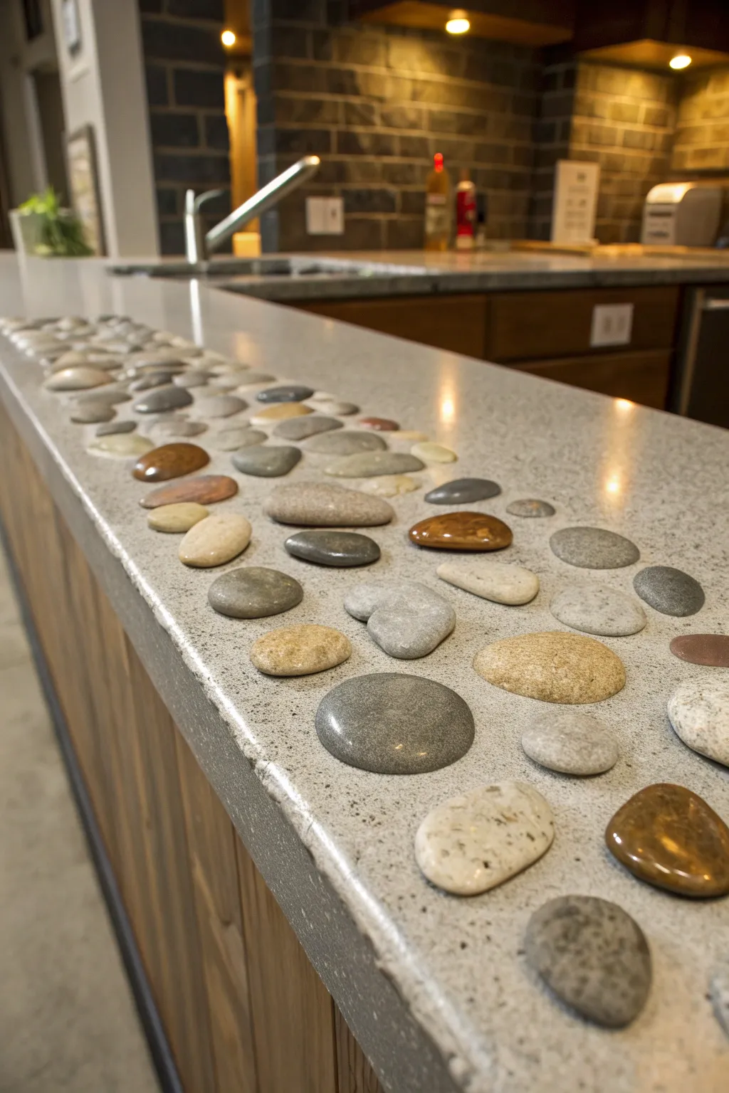 Bring the tranquility of nature into your home with a stunning concrete countertop featuring natural stone inlays.