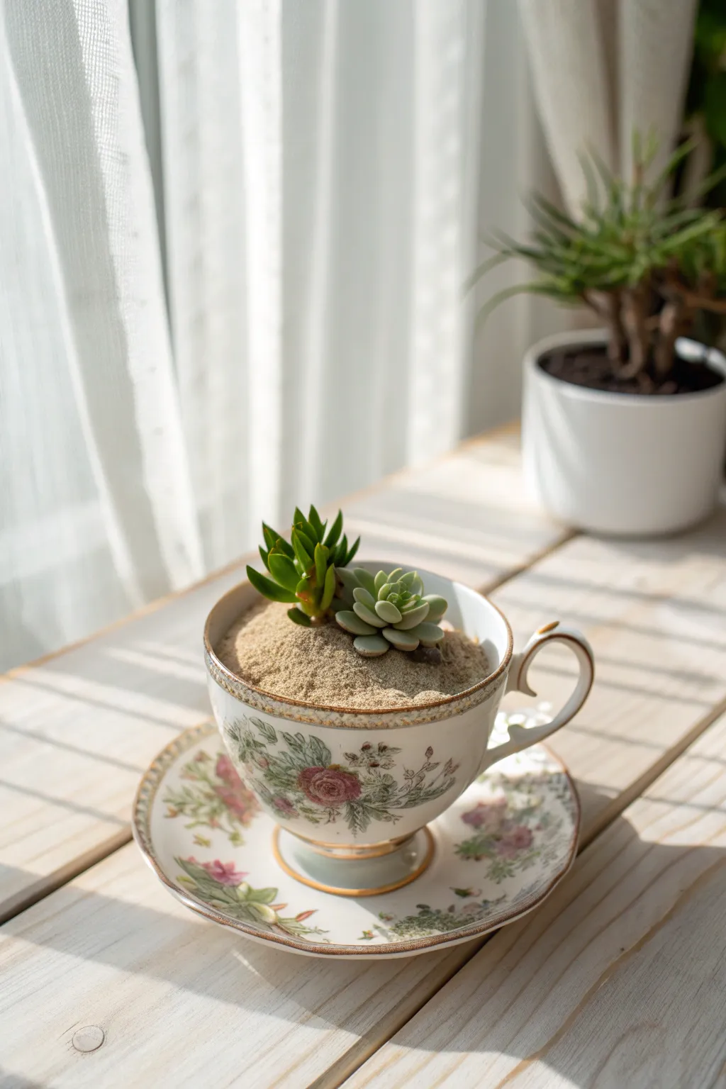Elegance in Bloom: Transform vintage tea cups into charming succulent containers.