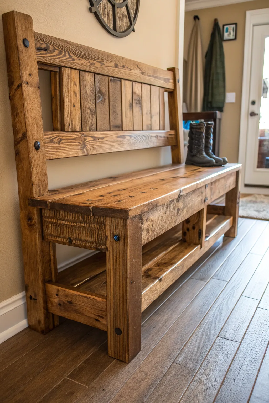 Welcome home with a touch of rustic charm: a handcrafted 2x4 bench.
