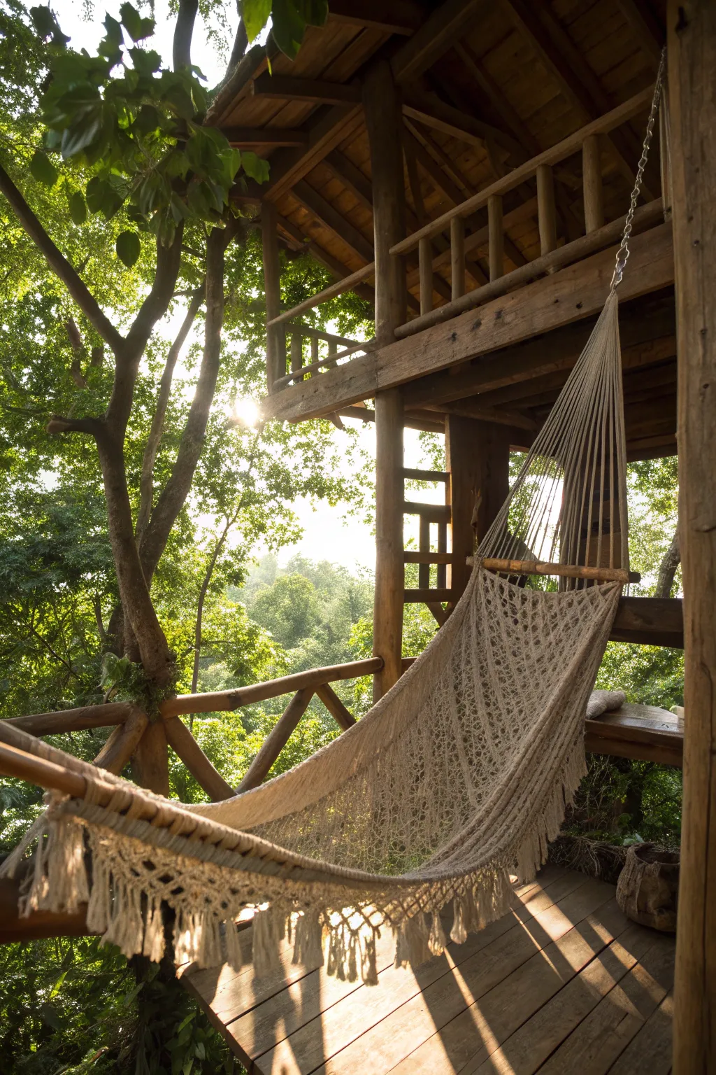 Escape to tranquility with a handcrafted hammock in your treehouse oasis.