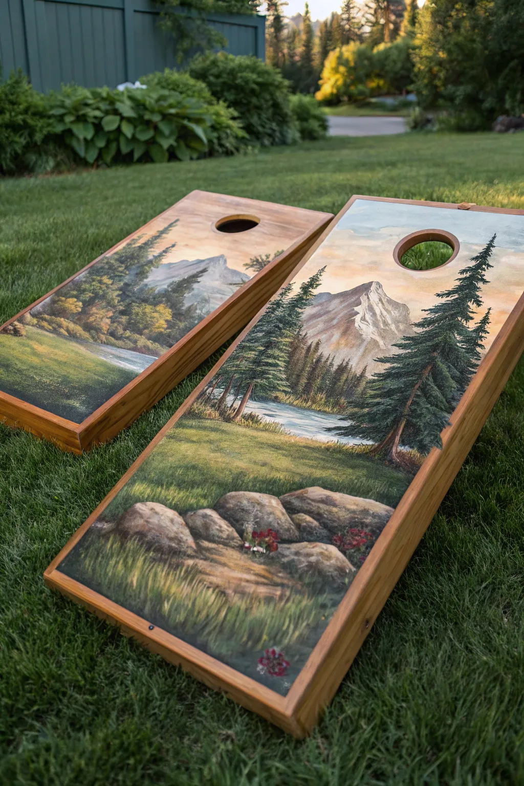 Bring the tranquility of nature to your backyard games with these expertly crafted cornhole boards.