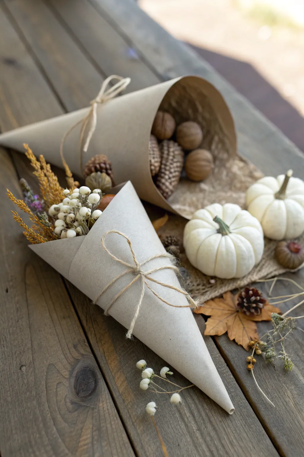 Craft elegance in its purest form: A minimalist paper cone cornucopia, perfect for adding a touch of natural beauty to any festive setting.