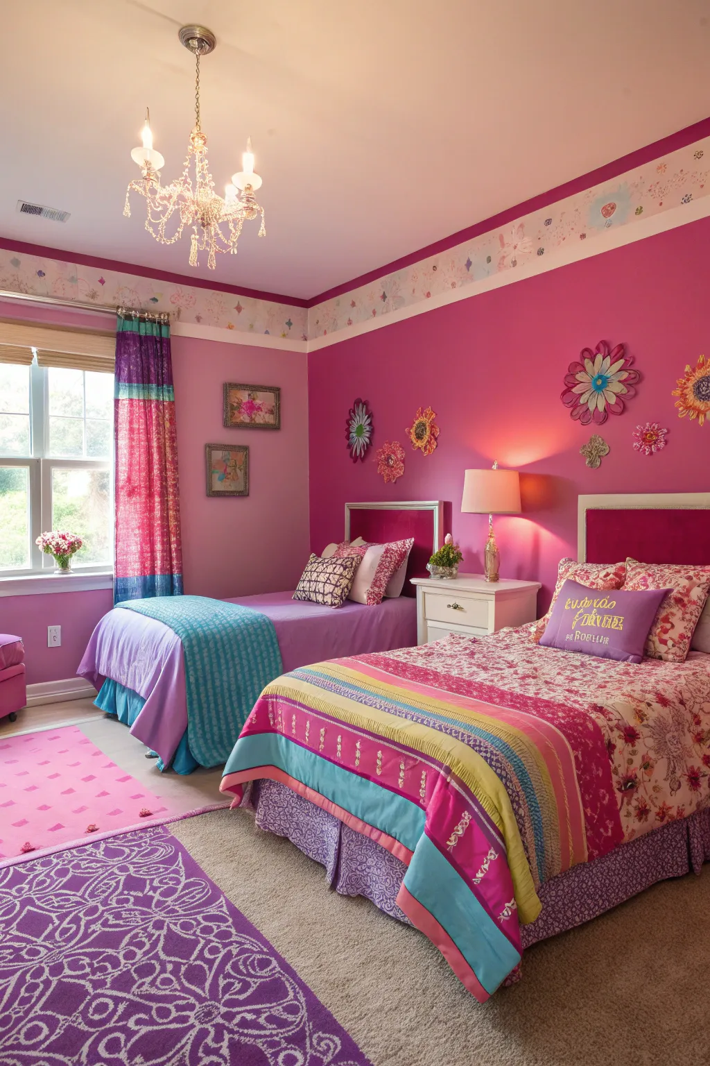 Bright pink and purple tones create a whimsical and energetic bedroom atmosphere.