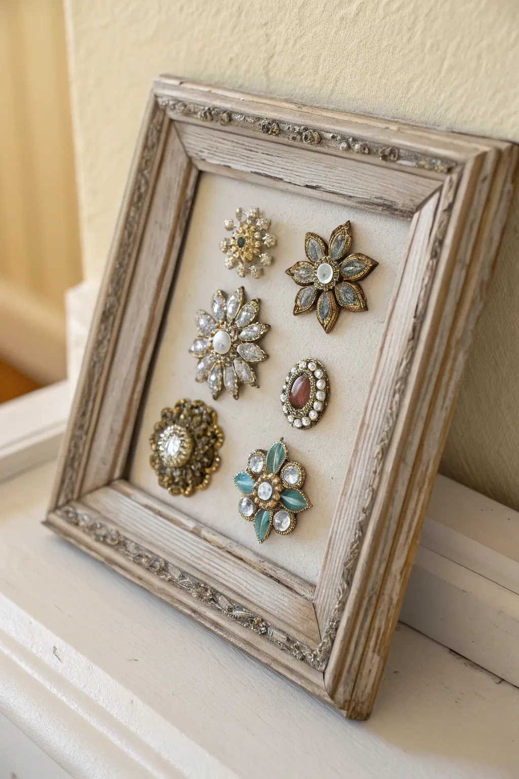 Transform heirlooms into wall art: Vintage brooches meet minimalist charm in this framed masterpiece.