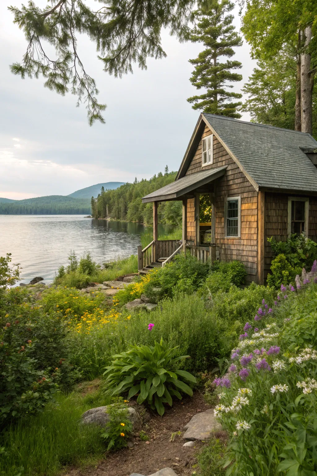 A lake house enveloped by nature's embrace.