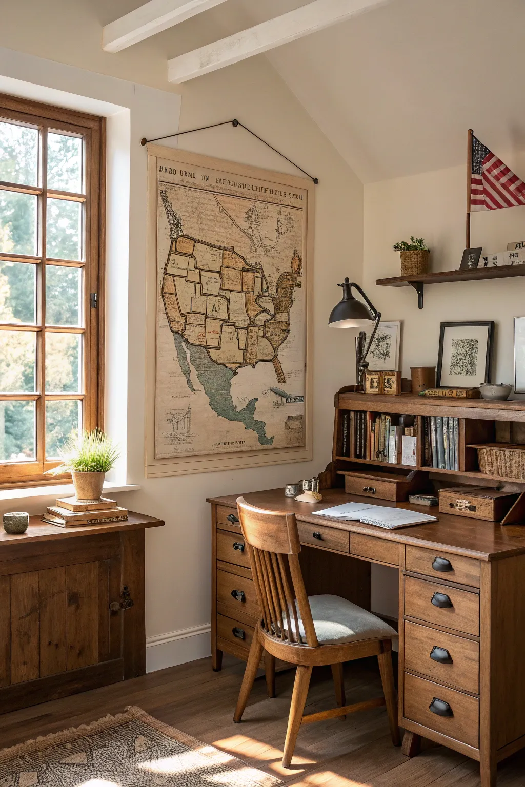 Vintage map poster adding sophistication to a home office.