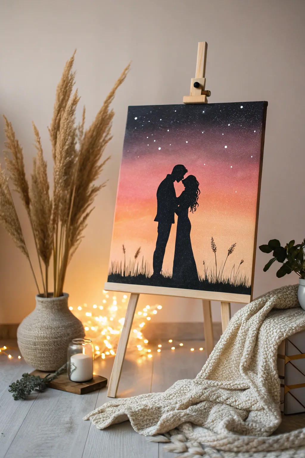Capture timeless romance with a couple's silhouette painting – a minimalist masterpiece for your living room.