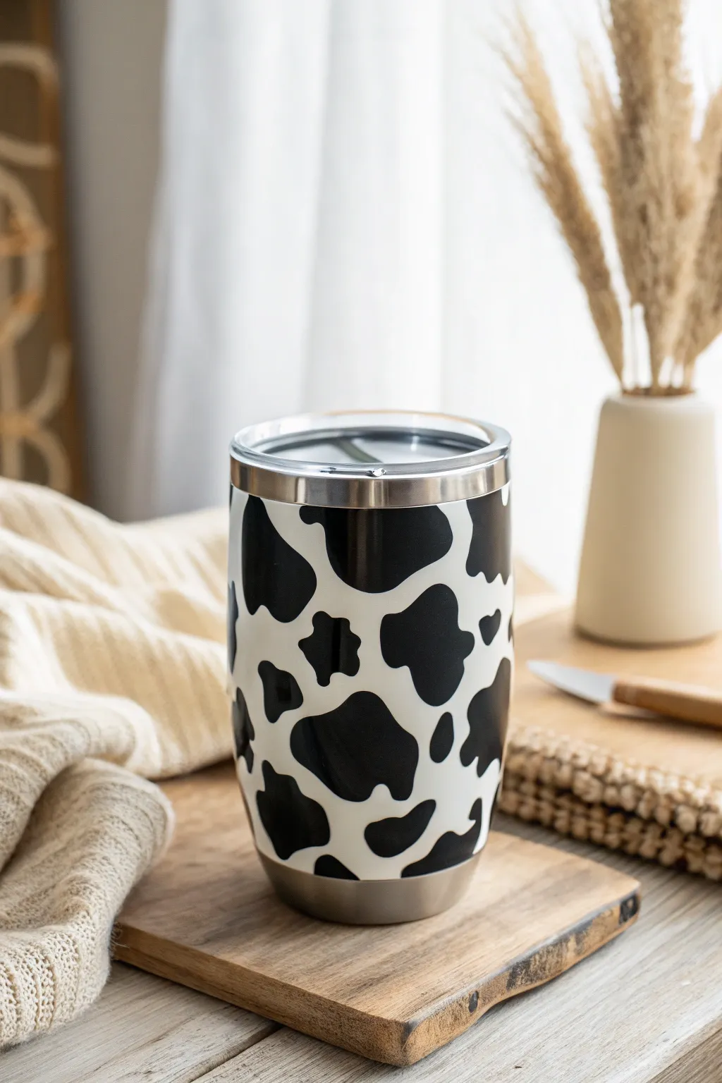 Sip in style with the timeless allure of classic black and white cow print. Perfectly blending modern simplicity with a touch of rustic charm. 🐄✨ #ScandiBoho #TimelessElegance