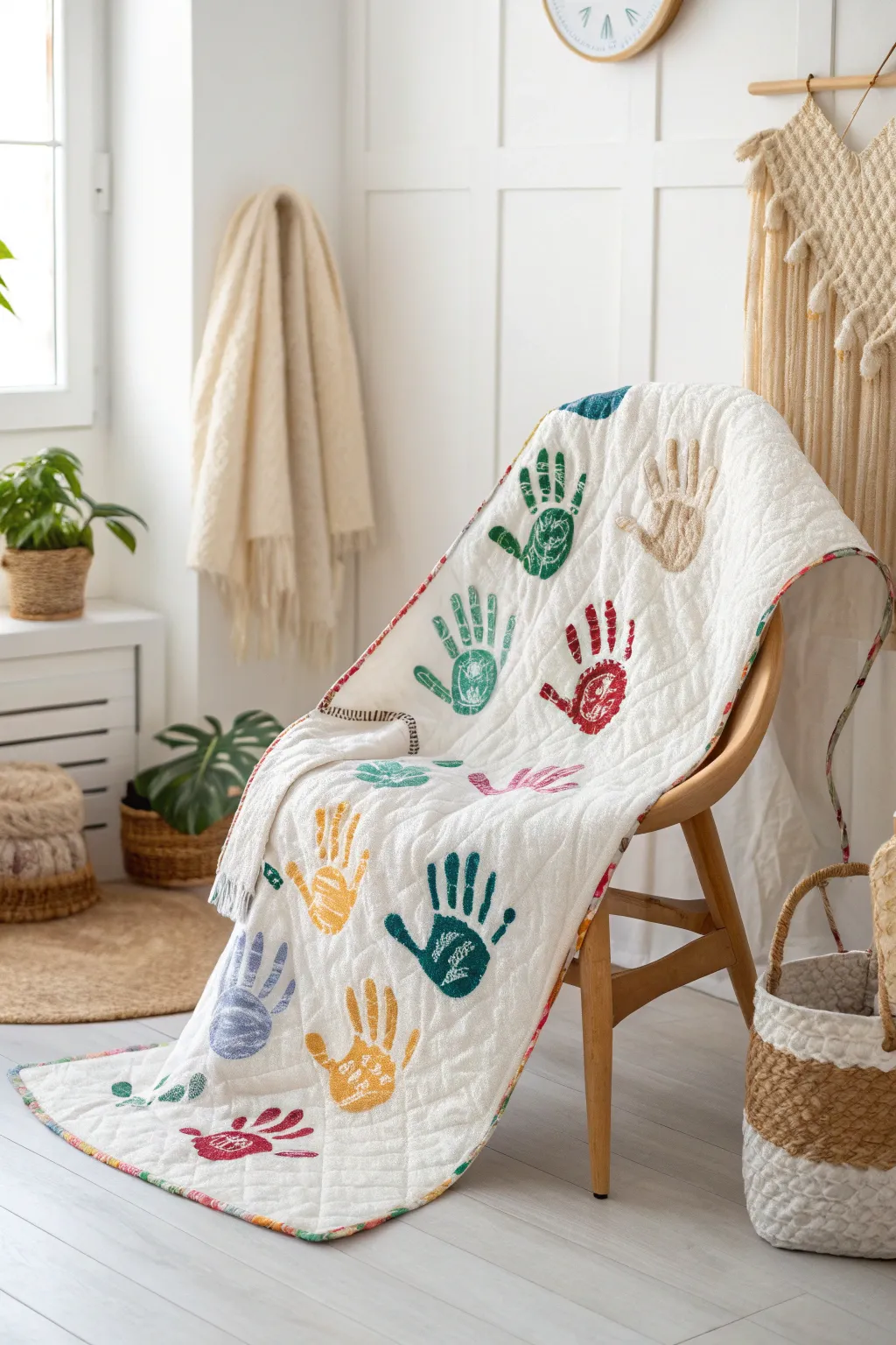 A tapestry of love: Our handprint family quilt, a cherished memory from our last reunion.