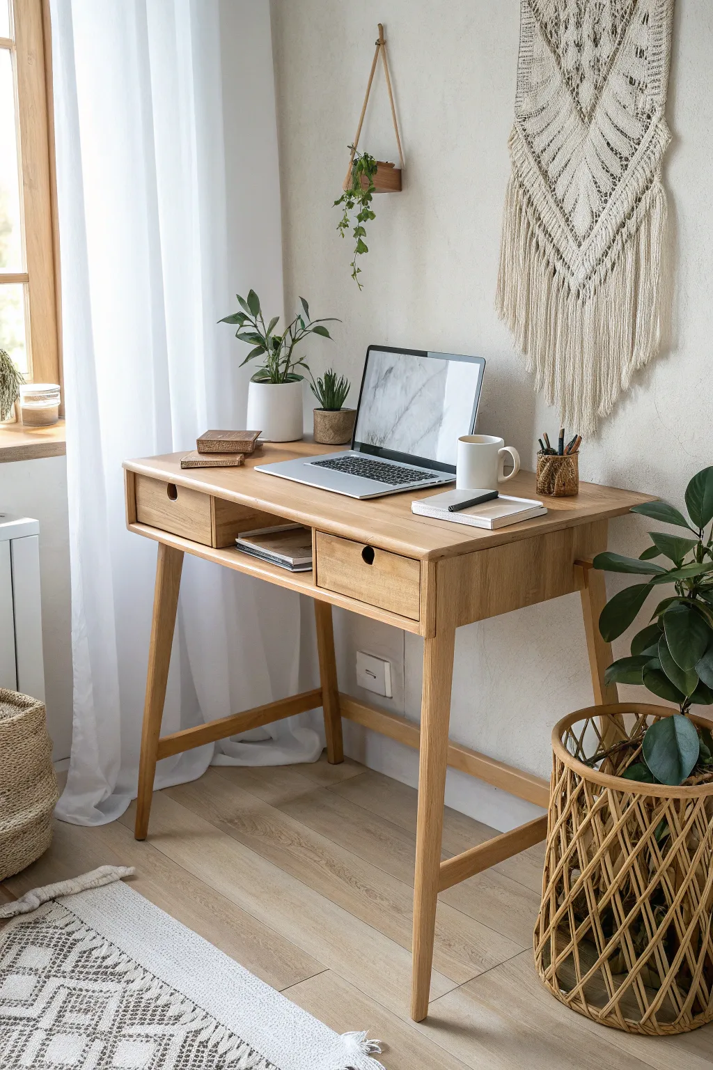 Transform any small space into a creative haven with a compact desk that blends minimalist design and boho charm.