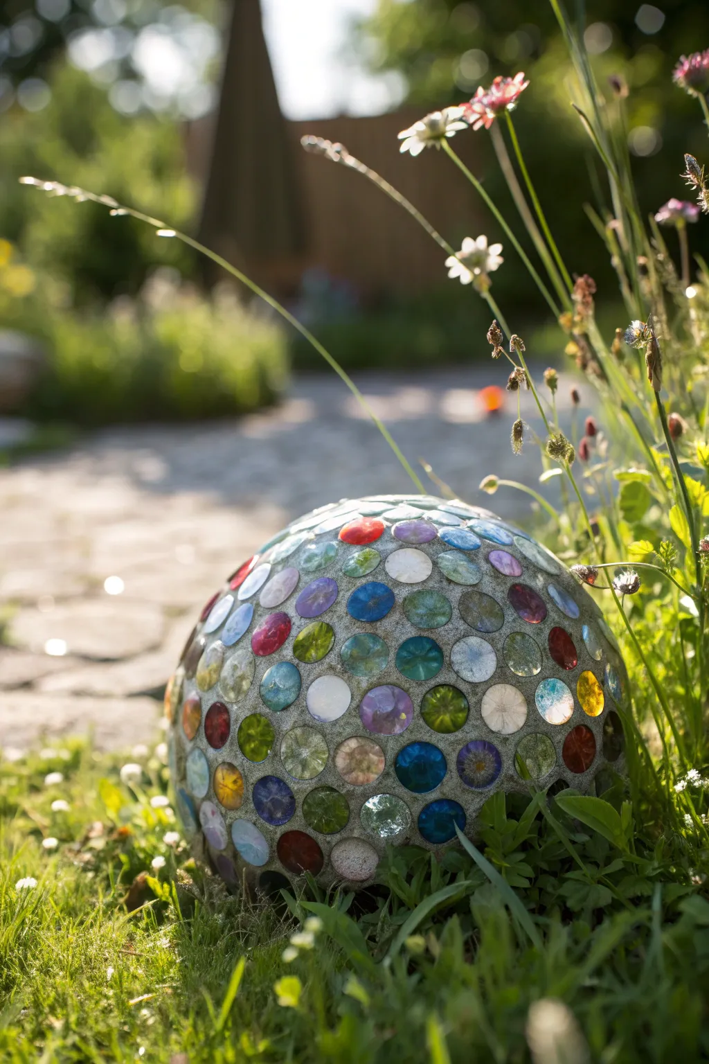 Add a touch of whimsy to your garden with this enchanting marble-covered orb, where simplicity meets natural beauty.