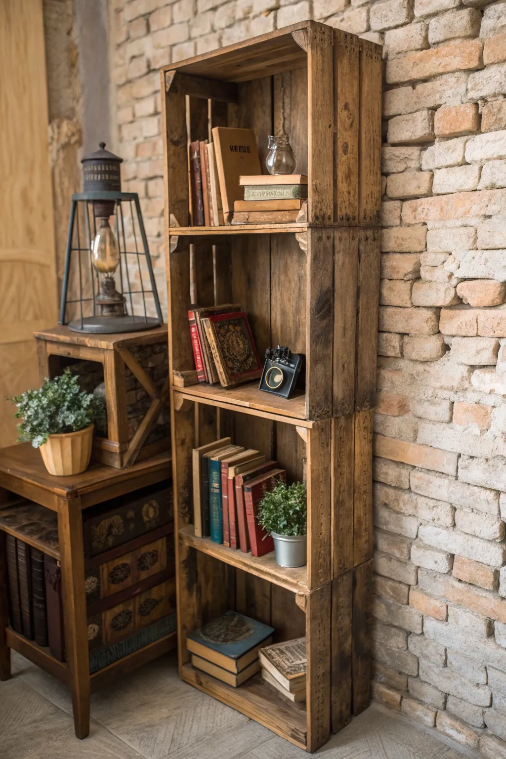 Transform crates into a rustic bookshelf that exudes charm and craftsmanship.
