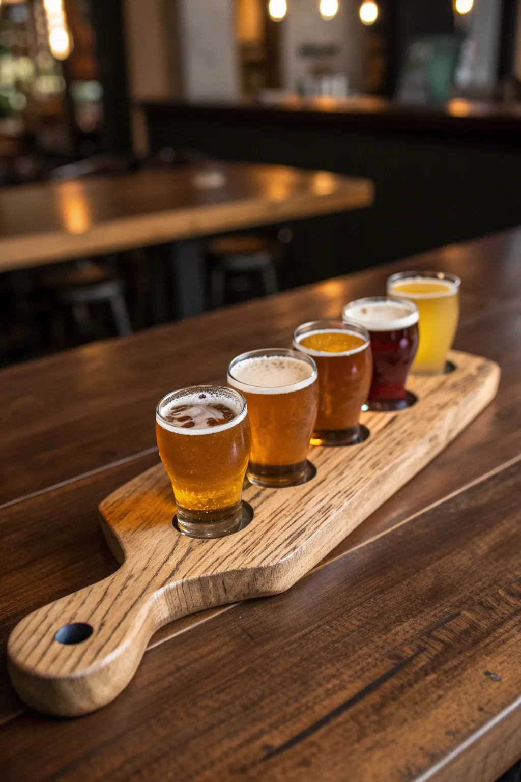 Elevate your beer tasting experience with a handcrafted rustic wooden paddle. #Craftsmanship #BeerTasting