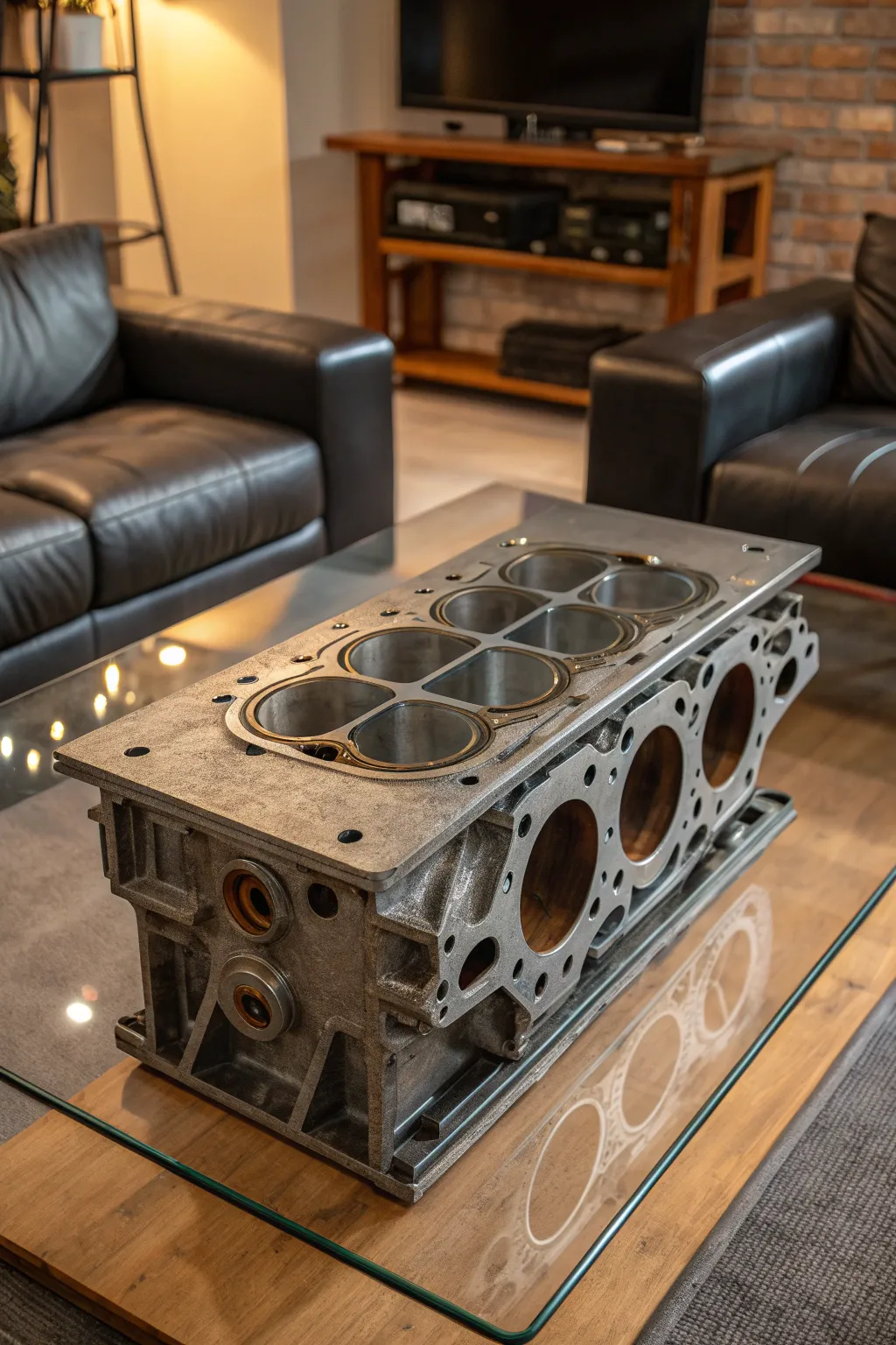 Rev up your living space with this striking Engine Block Coffee Table—where industrial charm meets modern design.
