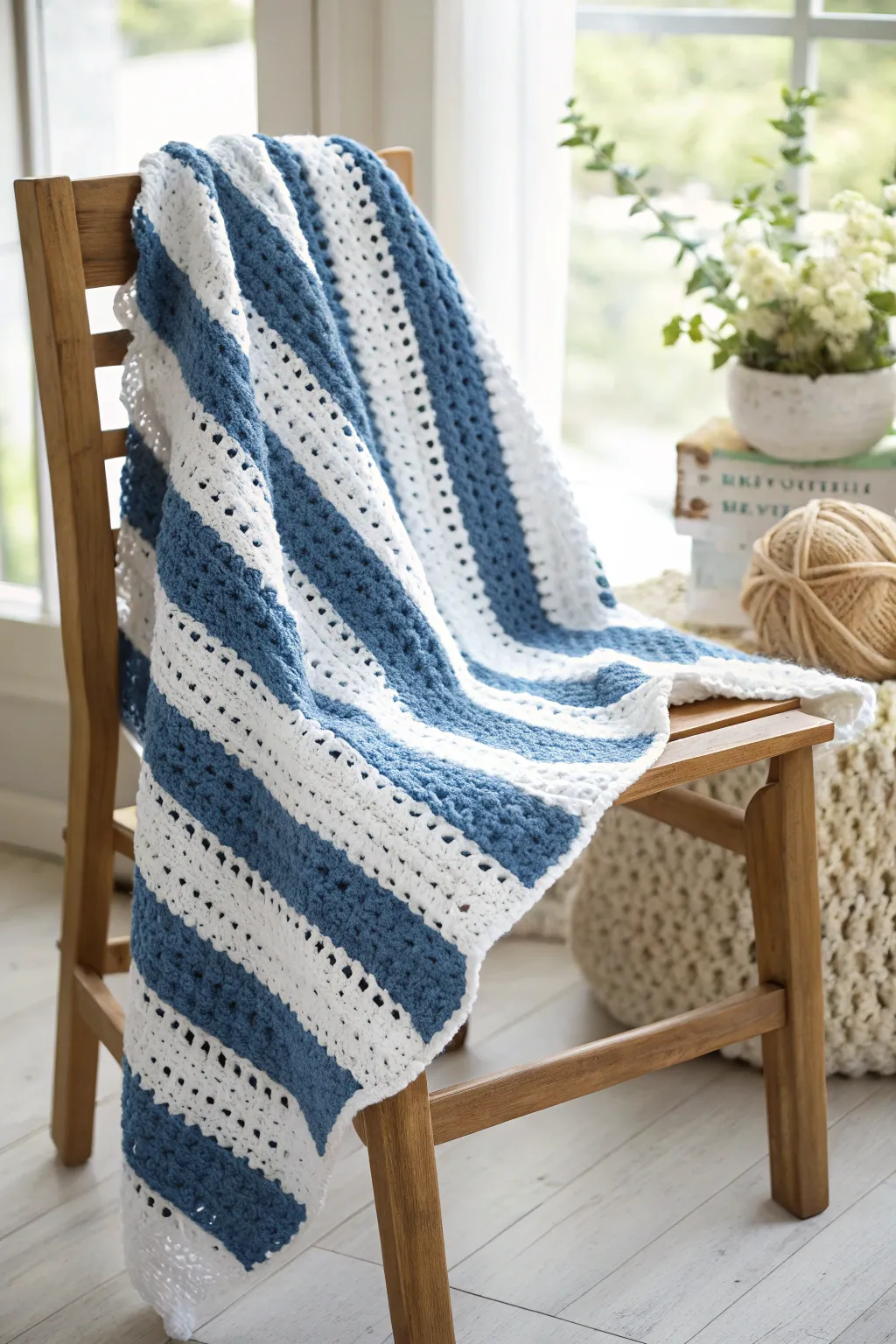 Timeless elegance in blue and white stripes – the perfect handcrafted touch for your little one's nursery.