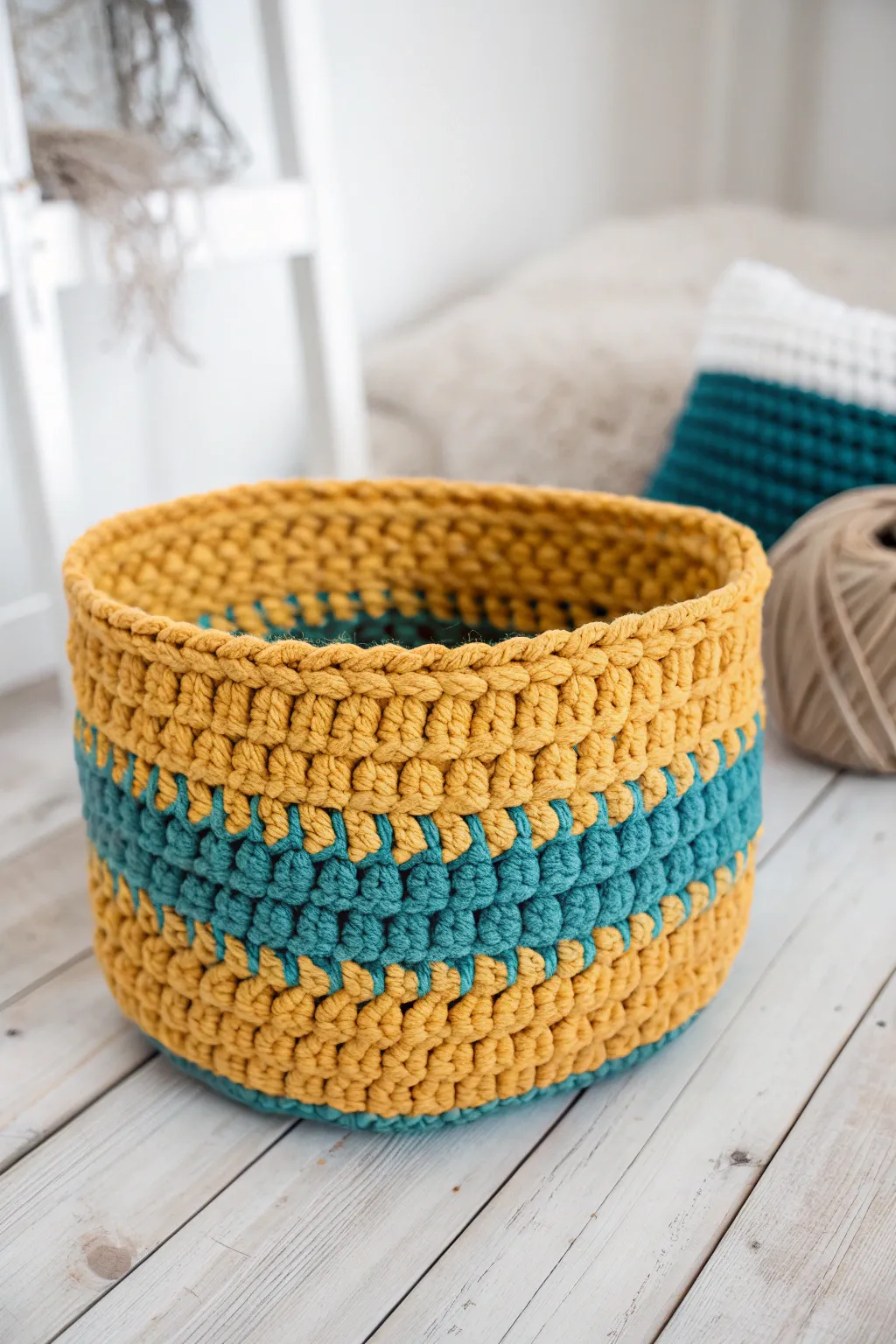 Transform your space with a pop of color and cozy charm with this stunning color block crochet basket.