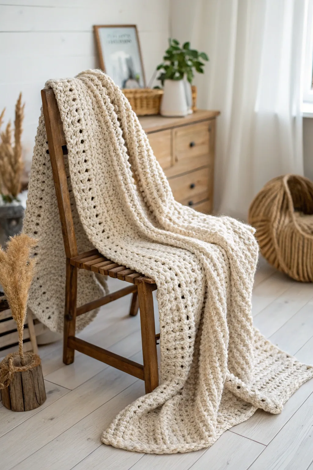 Embrace the warmth of handcrafted beauty with this chunky crochet sweater, perfect for cozy evenings.