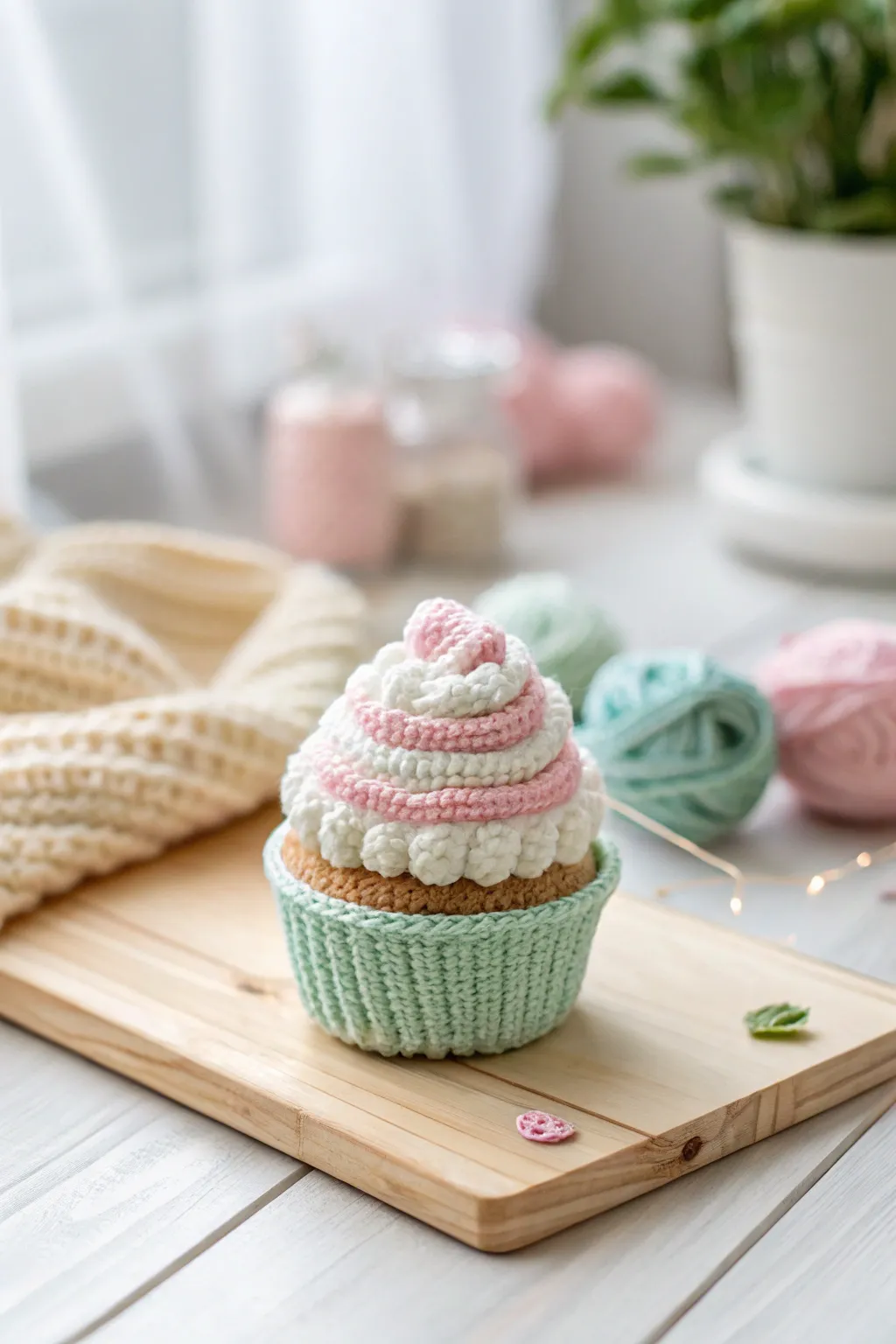 Delight in the charming simplicity of a crochet cupcake, perfect for adding a sweet touch to any space.