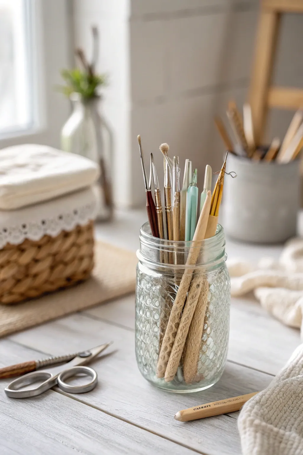 Organize your crafting tools with style using charming mason jars for a touch of rustic elegance.