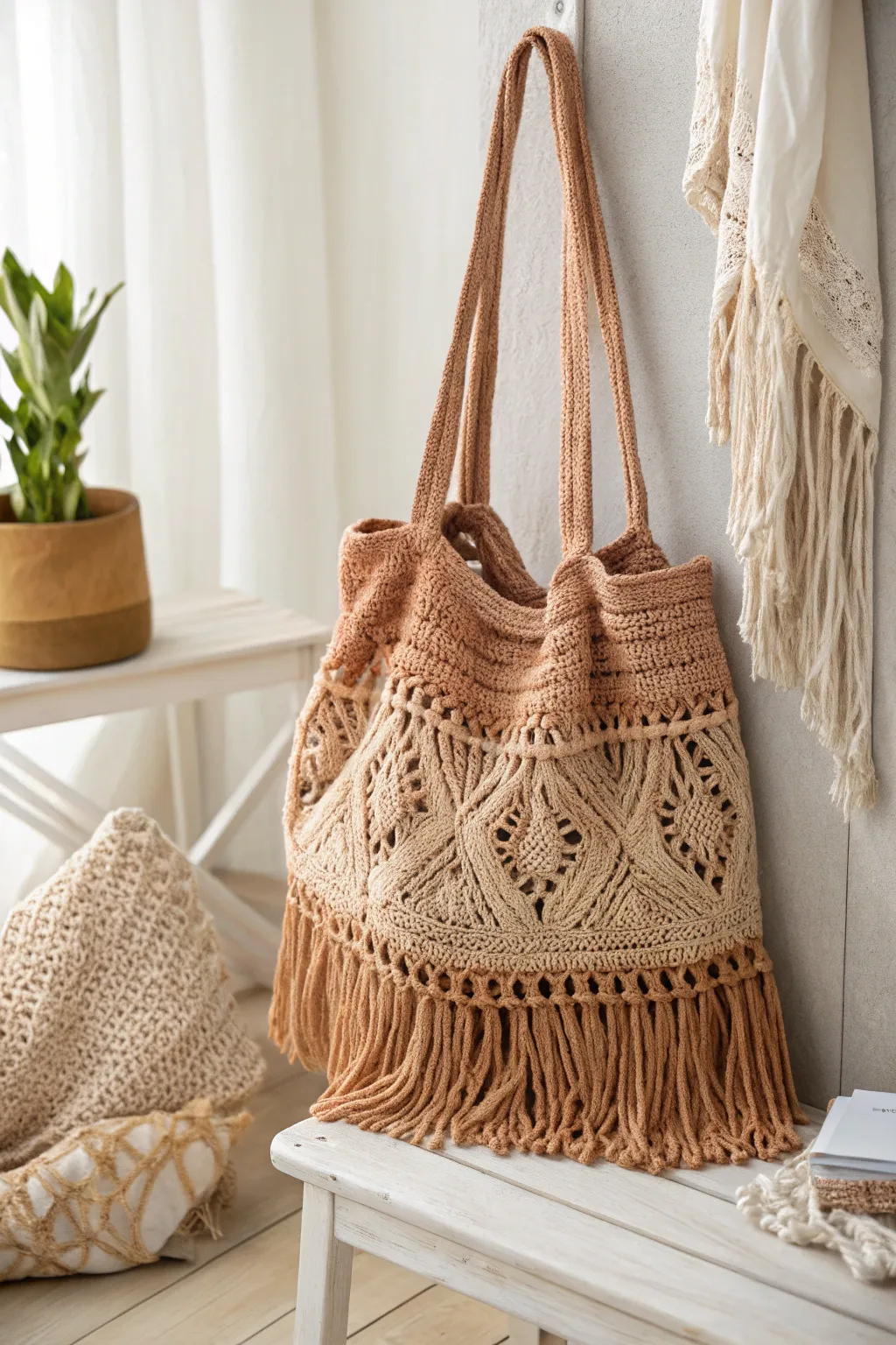 Dance under the stars with this boho fringe crochet tote bag, where whimsy meets minimalist elegance.