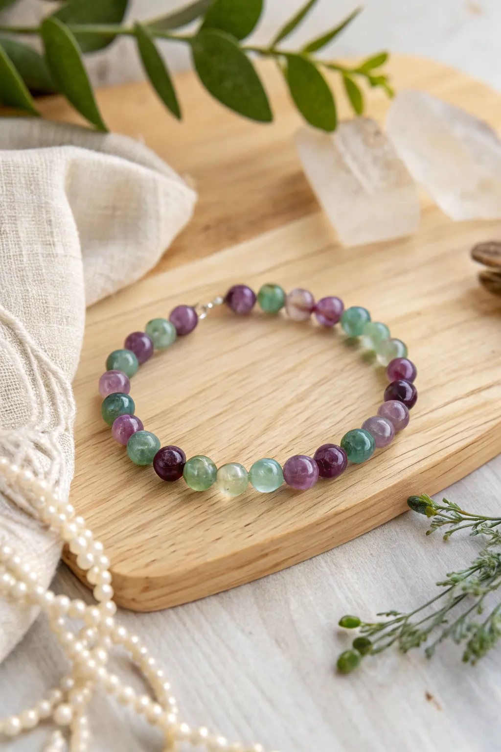 Embrace tranquility with this stunning rainbow fluorite bracelet, a perfect blend of simplicity and elegance.