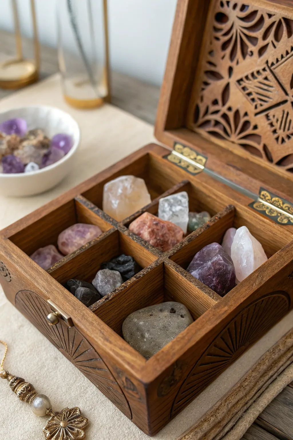 Wooden box with compartments showcasing an array of crystals.