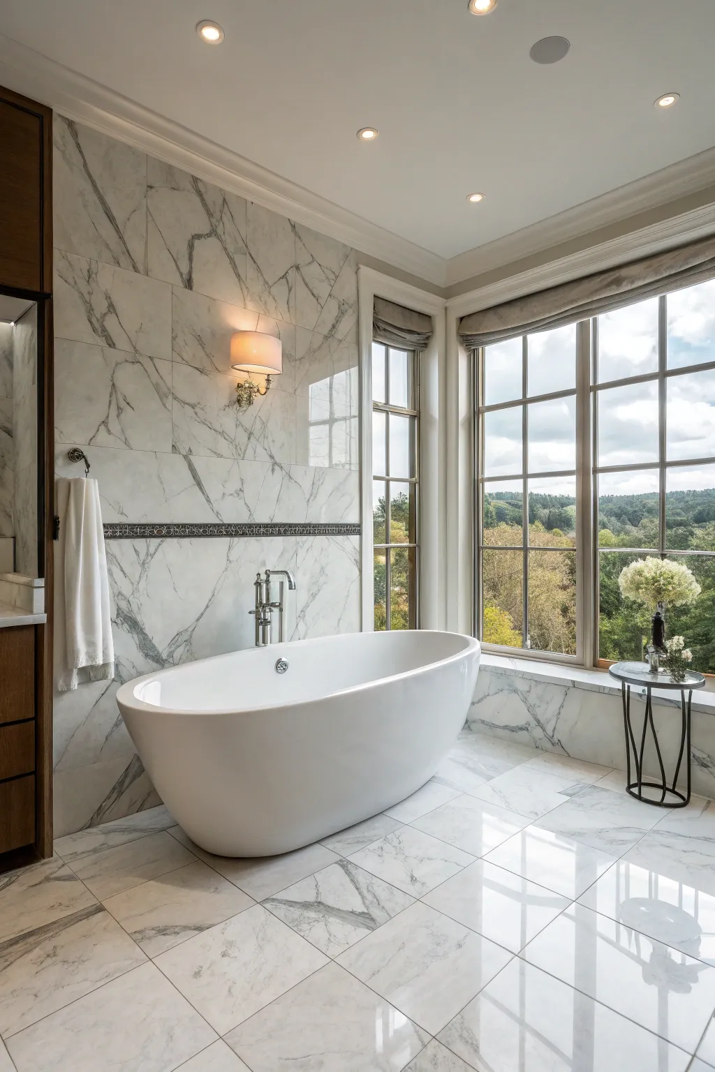 A freestanding bathtub becomes the focal point of this stylish bathroom.