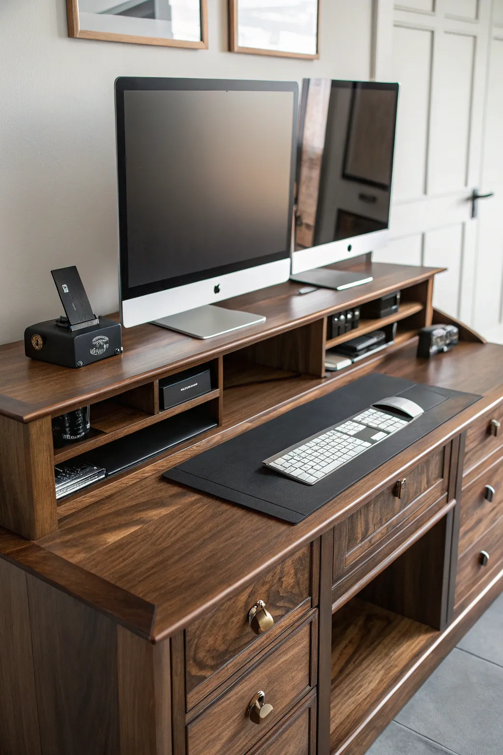Upgrade your workspace with a custom dual-monitor desk setup that combines elegance and functionality.